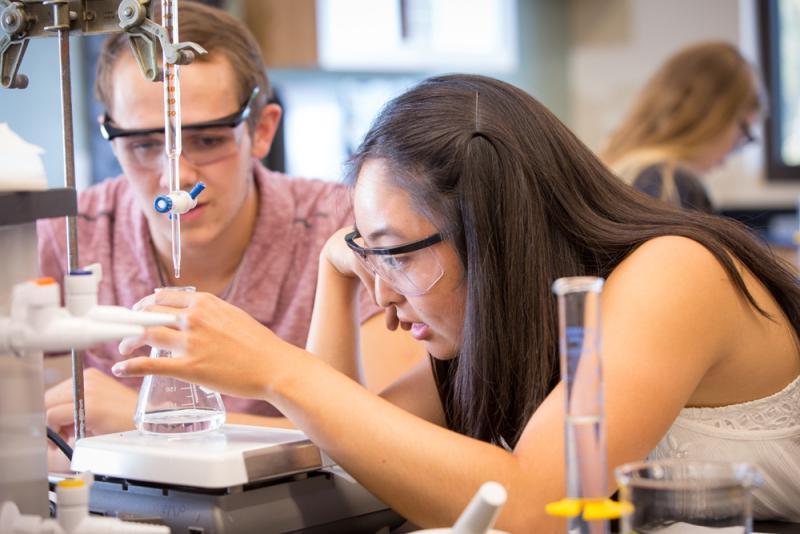 Chemistry students work in the lab.